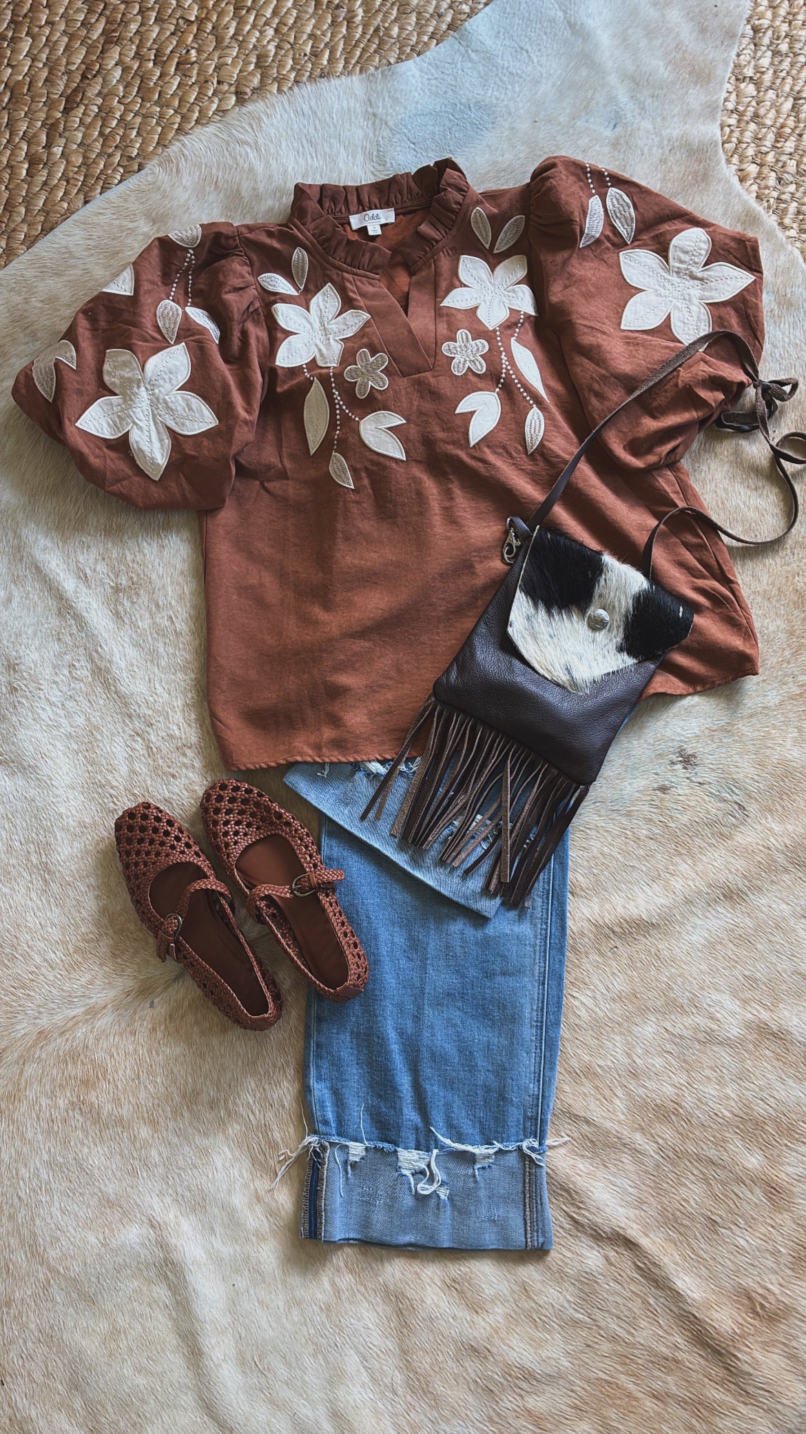 Rust and Suede Floral Puff Sleeve Top